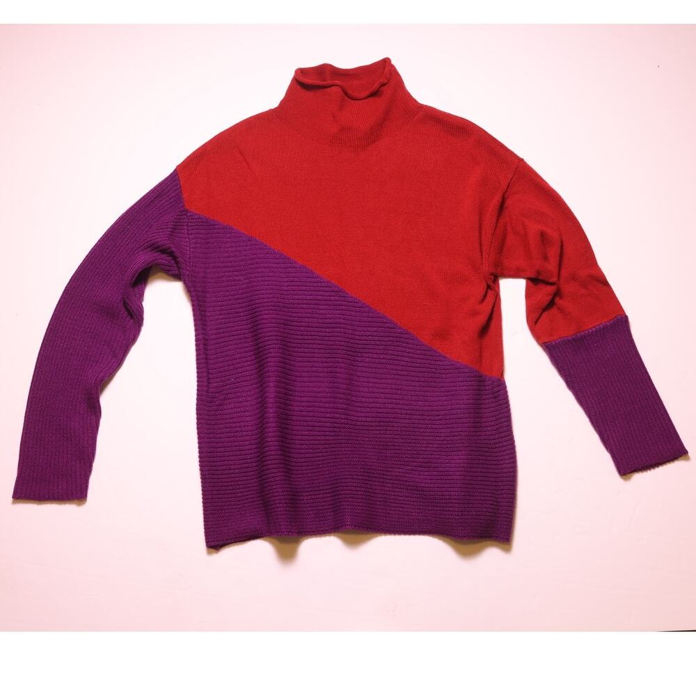 NY & Co Colorblock Turtleneck Sweater Red Purple Knit Size XL
